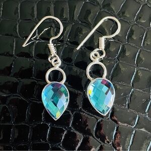 Faceted Blue Quartz Sterling Silver Dangle Hook Earrings